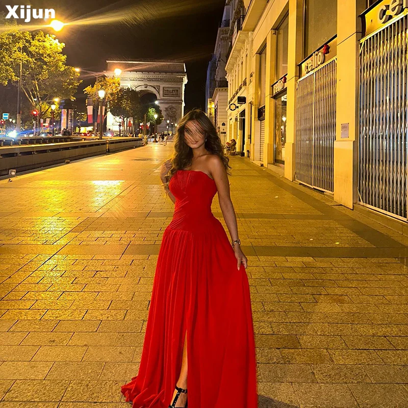 

Xijun Red A-Line Evening Dresses Elegant Strapless Floor Length Prom Dress Formal Occasion Gowns For Women Vestidos De Noche