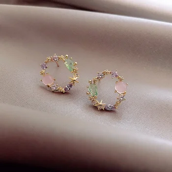 Classic Round Pink Green Crystal Stud Earrings Sweet Flower