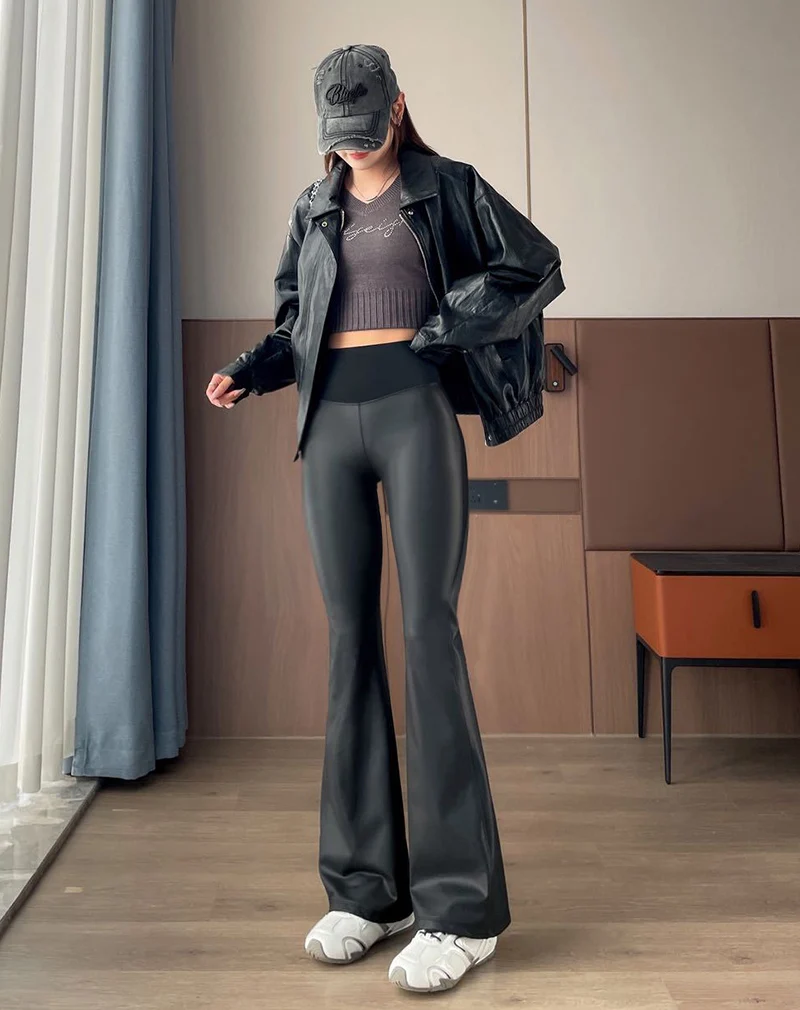 BIVIGAOS Autumn Winter Light Fleece Micro Flared Leather Pants Women's Fashion Tight Elastic PU Leather Splicing Flared Leggings
