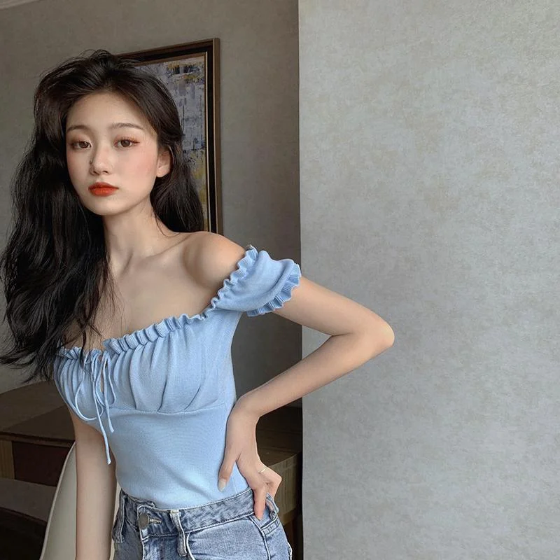 Fashionable Elegant Lock Bone Sensation One-word Shoulder Top Women Summer Design Drawstring Outdoor Wrap Chest Clothes