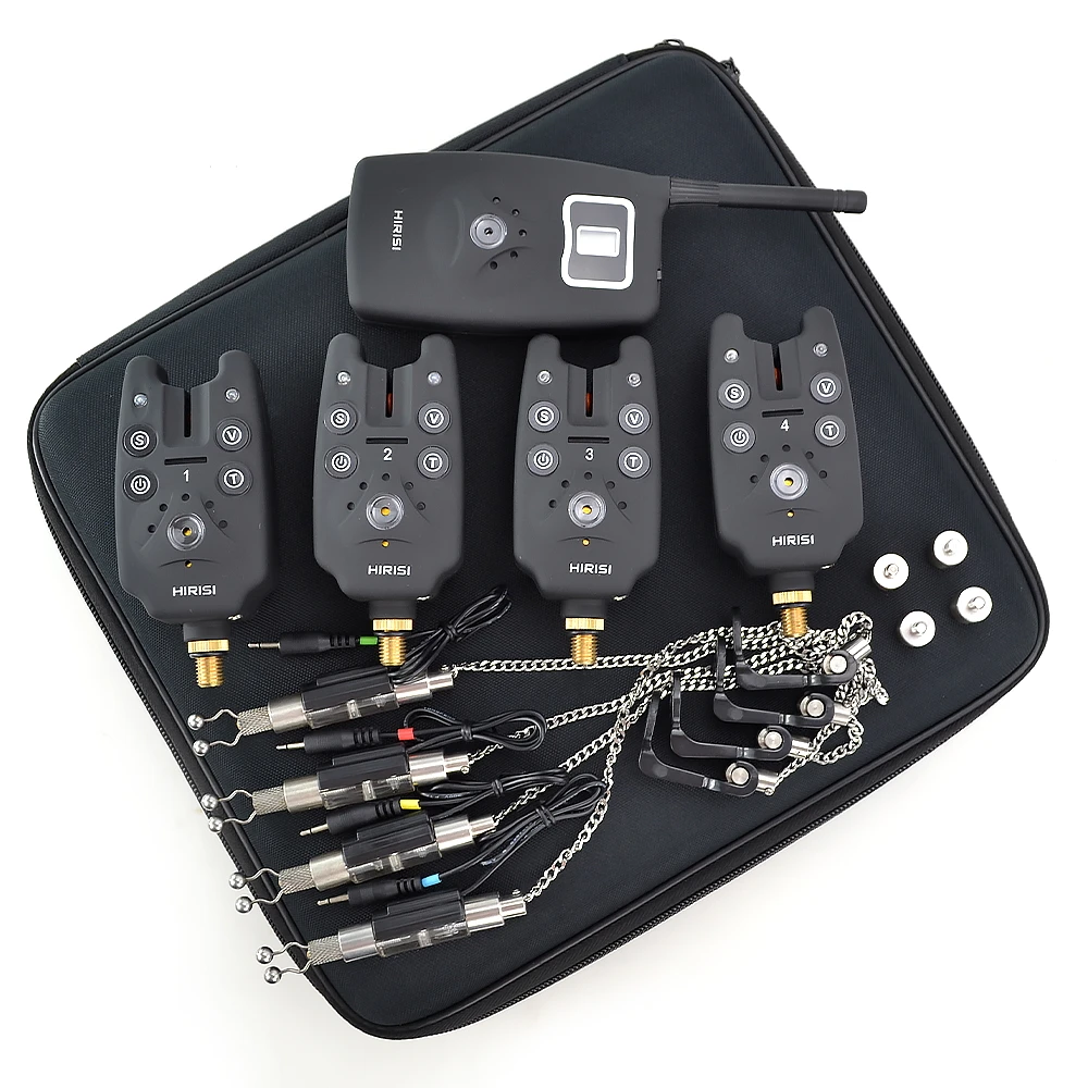 Alarma de mordida de pesca inalámbrica, juego de 1 + 4 con 4 piezas, swinger iluminado en funda EVA para pesca de carpa B1203S