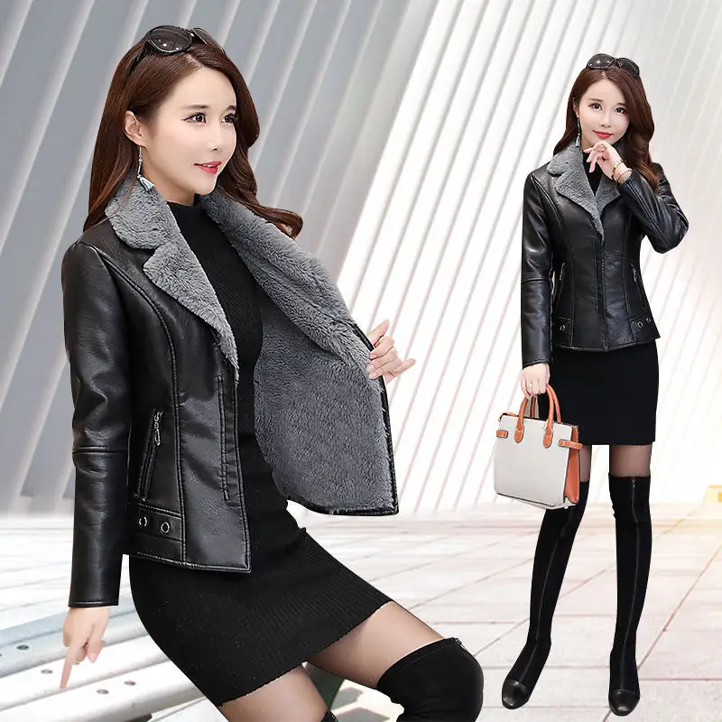 Autumn Winter Leather Jacket Women Faux Fur Coat Fleece Lined Motorcycle Jacket Thickened Warm Long Sleeve Slim Zipper Outerwear autumn winter casual leather women s simple thin coat stand up collar long sleeve motorcycle jacket women faux leather jacket