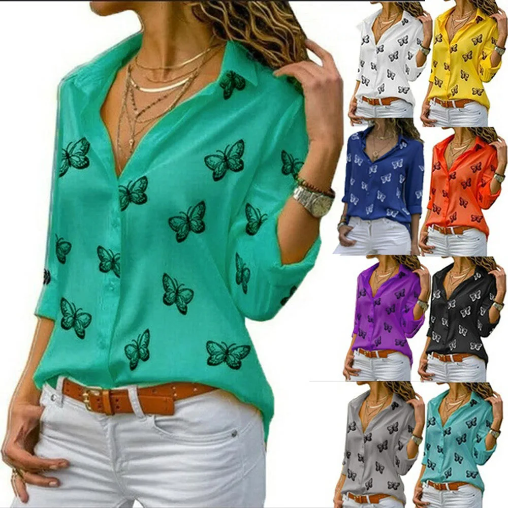 Women Butterfly Print Long Sleeve Blouse Summer Tops