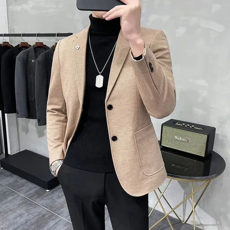 남성용 짧은 크롭 재킷, 다크 브라운 코트, 파티 남성 정장 및 블레이저, 우아한 클래식 한국 스타일 의류, 캐주얼 오리지널, 신상