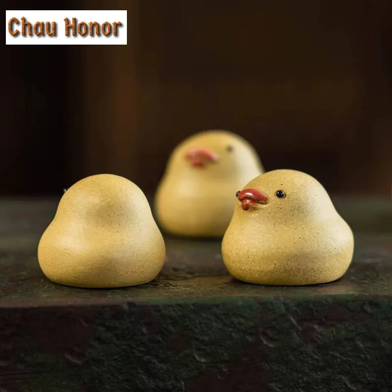 2pc/set Cute Yellow Duck Tea Pet Handmade Yixing Zisha Tea Play Figurine Decoration Little Chicken Can Be Raised Table Sculpture