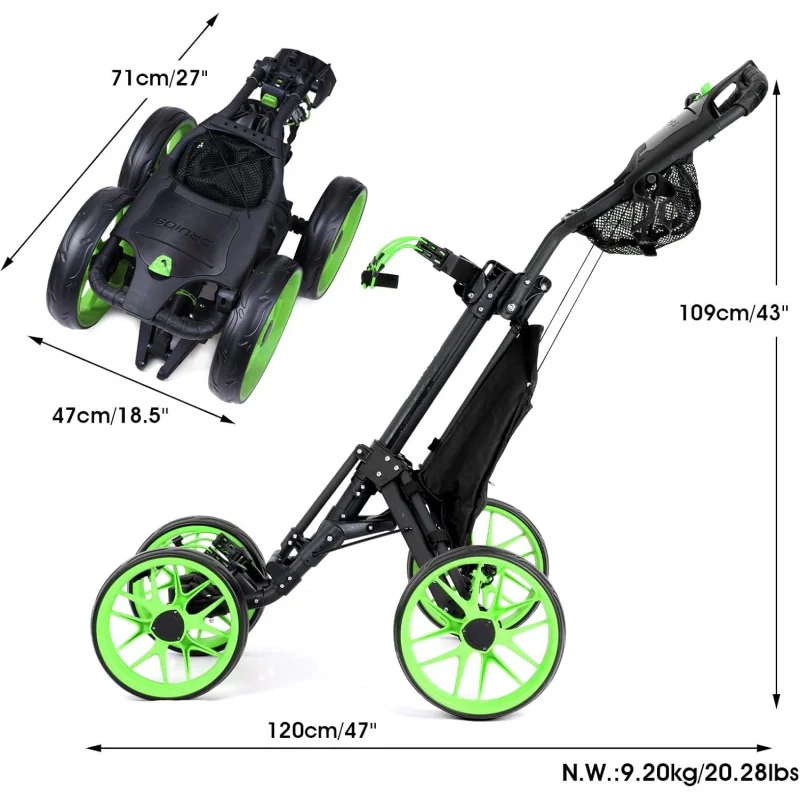 AQDRUDS 4 Wheels Cart,Extra Wide Rear Wheel,Adjustable Height Handle Lightweight Easy to Fold Pull; Push Golf Trolley with