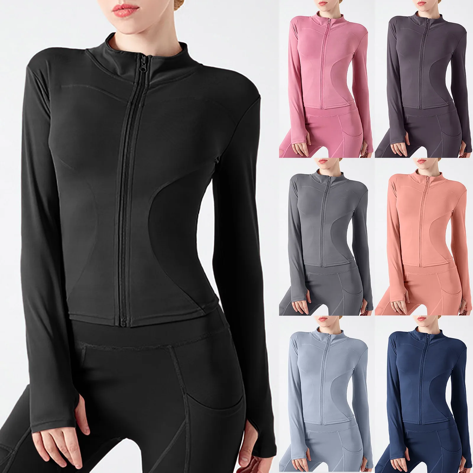 

Long Sleeve Shirt Zip Front Yoga Tops Women Sports Activewear Running Jacket For Fitness Female Blouse Gym Coat White Thumb Hole
