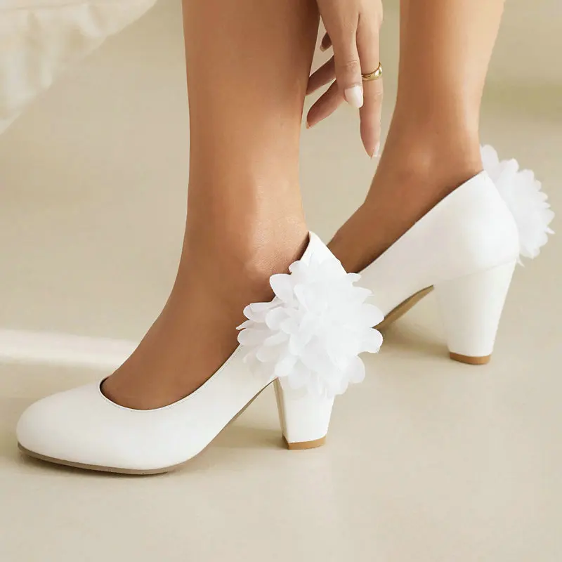 

Solid White Black Shallow Office Ladies Pumps Round Toe Autumn Spring Spike Thick High Heeled Women Shoes Big Size 48 47 Heels