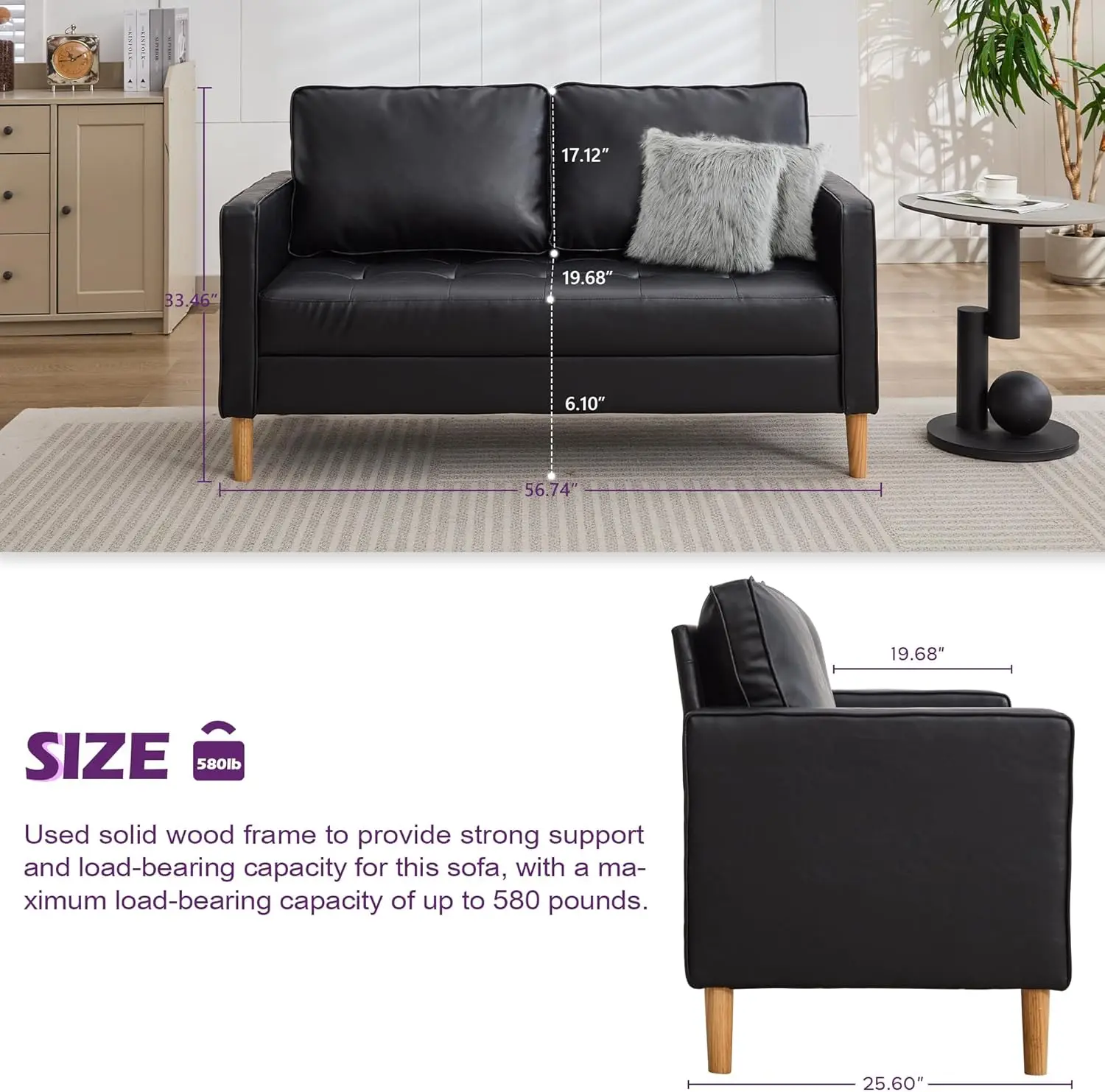 57" Small Black Faux Leather Sofa Couches f Mid-Century Modern Tufted Comfy Loveseat, 2 Seater Office Couch Love Seat