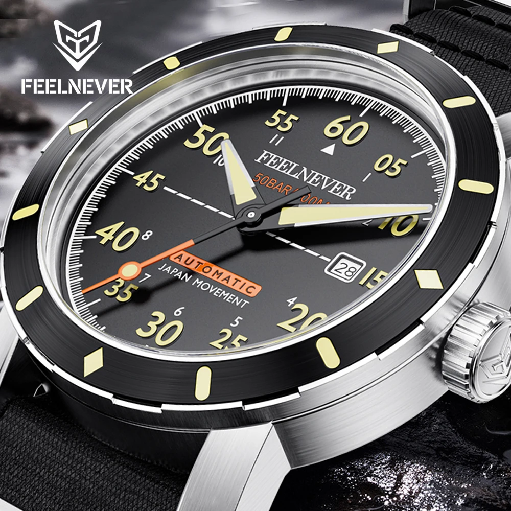 

FeelNever New Outdoor Sport 42MM Mechanical Watch For Men Miyota 8215 Sapphire Crystal 500M Waterproof Nylon Strap reloj hombre