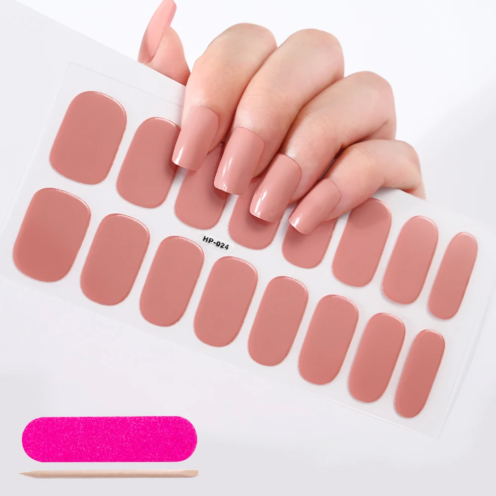 16Tips Soild Color Nude Pink Semi-Cured Gel Nail Sticker Long-Lasting UV Nail Sticker Full Cover UV/LED Extension Gel Foil nail stickers