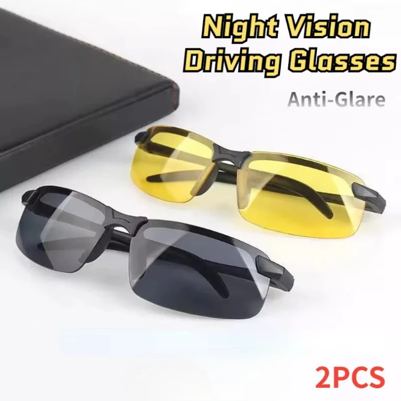 2PCS Night Vision Glasses Men Anti-Glare Driving Goggle Half Frame Polarized Sunglasses for Driver UV400 Day and Night Glasses
