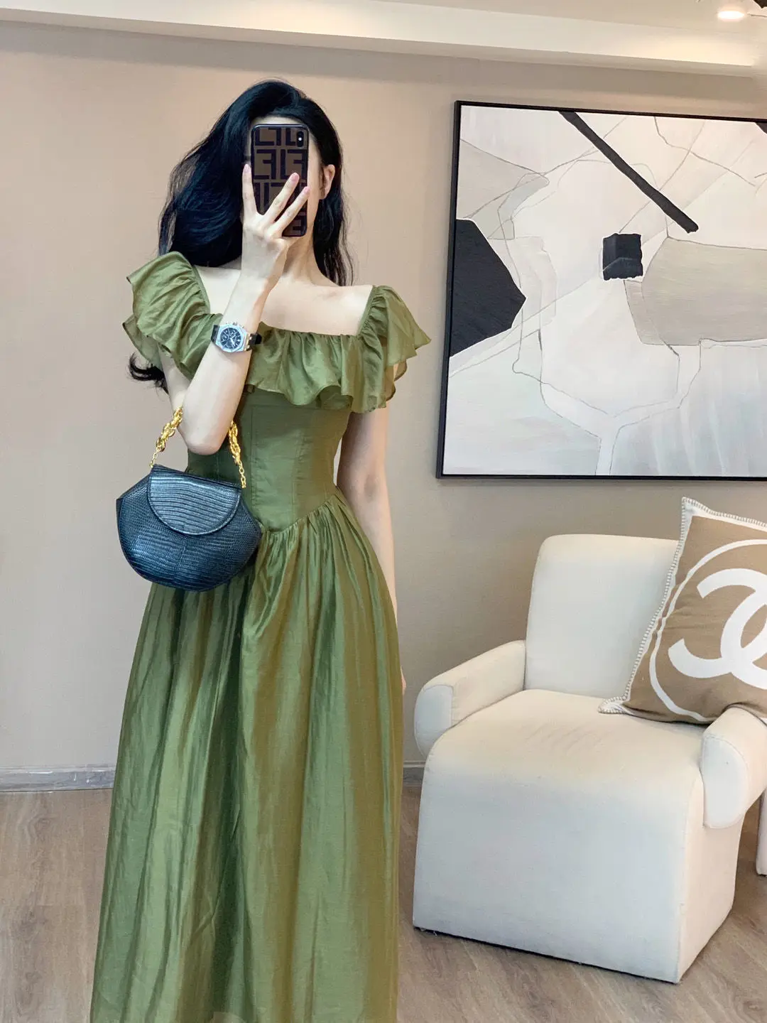 

Green Square Neck Ruffled Dress for Women, French High-end Sense, Slim Fitting, Elegant Long Skirt, Summer, New