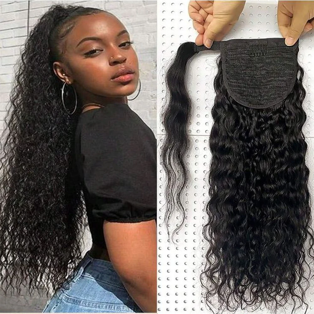 바디 웨이브 인간의 머리 포니 테일 확장 딥 컬리 천연 브라질 헤어 컬러 포니 테일 클립 여성용 헤어 100G