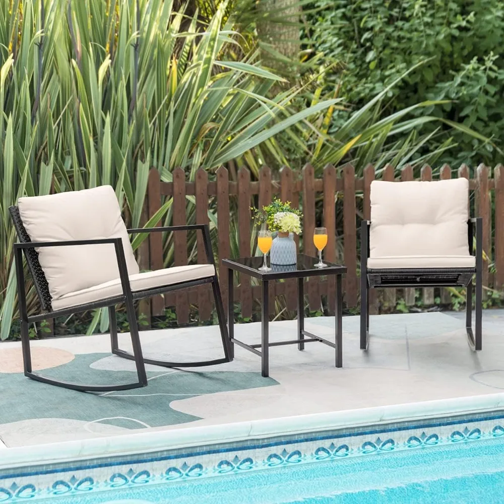 3 Pieces Rocking Wicker Bistro Set, Patio Outdoor Furniture Conversation Sets with Porch Chairs and Glass Coffee Table, Beige 2
