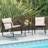 3 Pieces Rocking Wicker Bistro Set, Patio Outdoor Furniture Conversation Sets with Porch Chairs and Glass Coffee Table, Beige 2