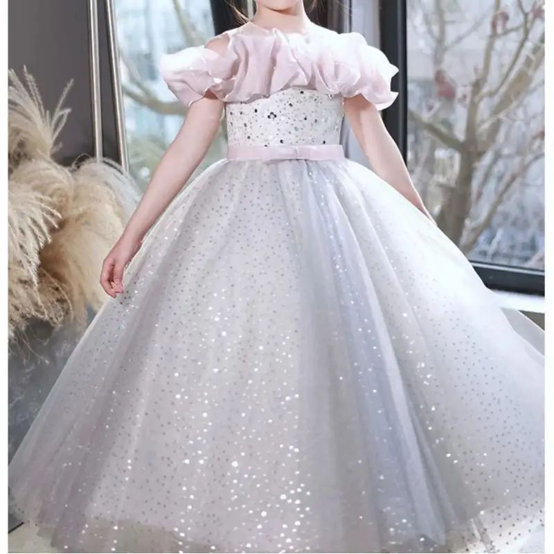 

Elegant Shinny Flower Girl Dresses Sheer Neck Bow Sash Long Kids' Prom Birthday Party Dress Children Formal Evening Wear 2024