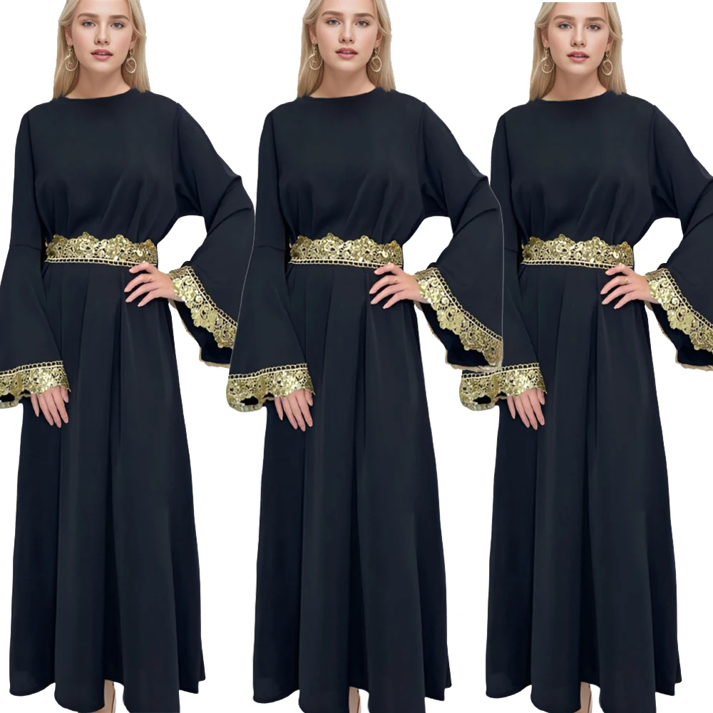 

Ramadan Muslim Dress Abaya Flare Sleeve Islam Clothing Abayas for Women Dubai Kaftan Muslim Dresses Robe Lace Embroidery Dress