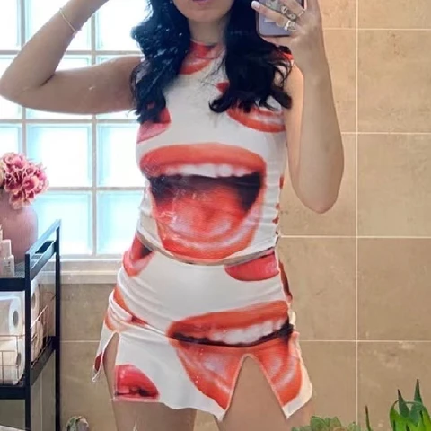 2 Pieces Skirt Set Y2k Mouth Print Crew Neck Sleeveless Crop Tops + Short Bodycon Skirt Suits Aesthetic Grunge Outfits
