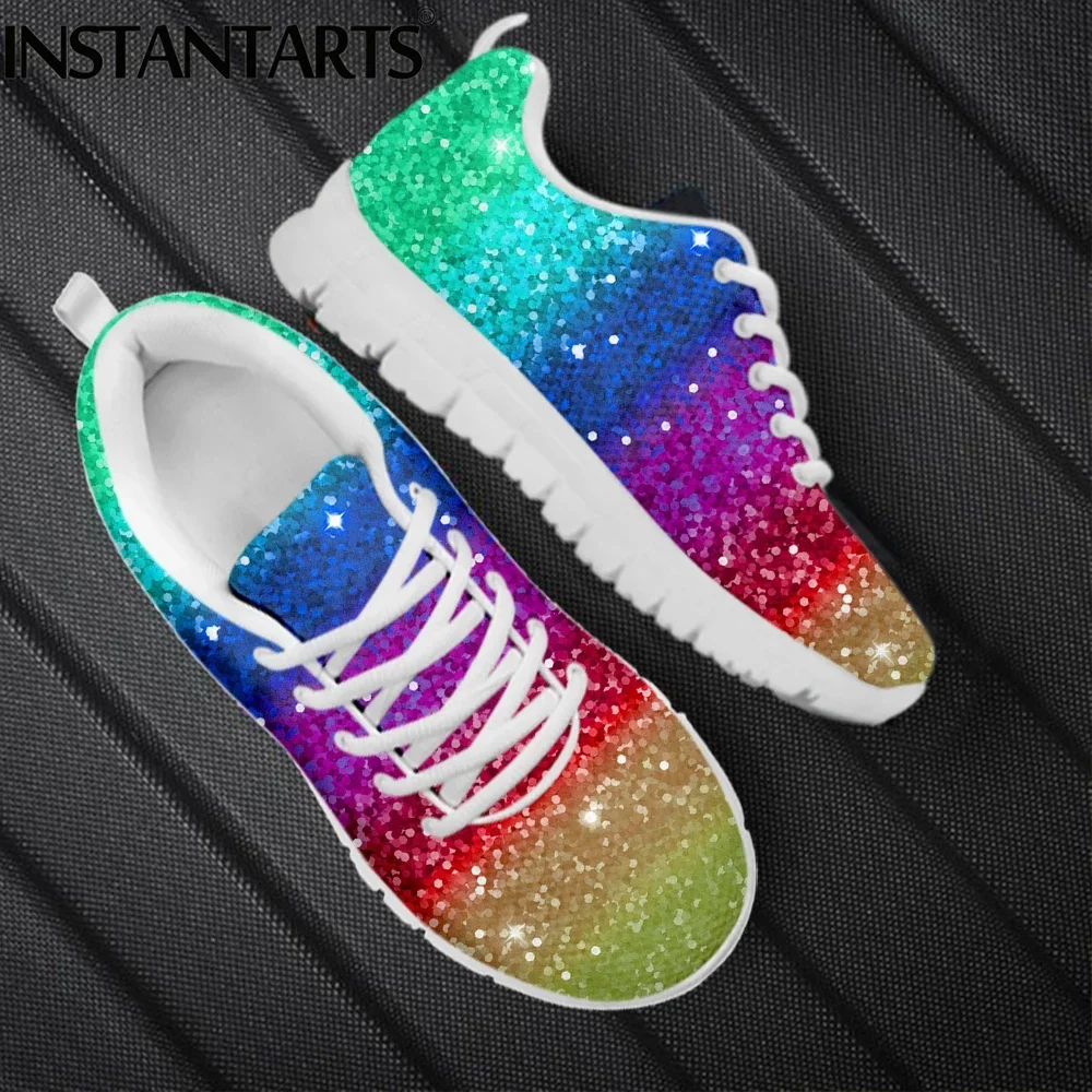 Cool Rainbow Glitter Texture Printed Girls Flat Shoes Breathable Slip-on Mesh Sneakers Outdoor Lace Up Scarpe Donna