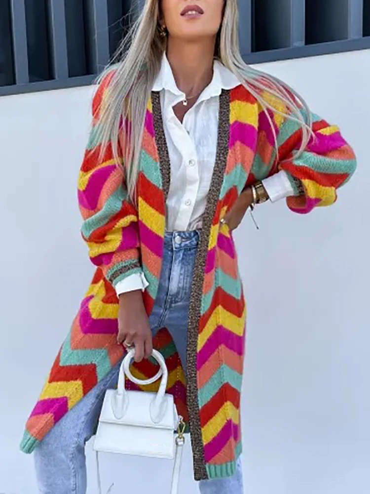 

Women Fashion Loungewear Sweater Coats Printing Autumn Winter Loose V-Neck Simple Ladies Long Cardigan Streetwear Dropshipping