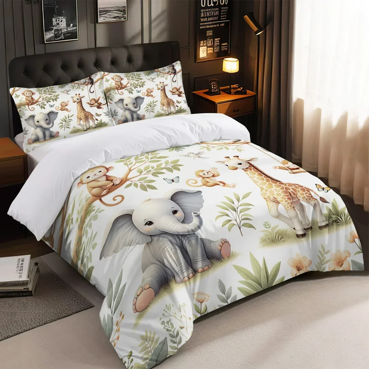 3pcs Duvet Cover Set King Size,Cartoon Zoo Pattern Print,  1 * duvet cover+2 pillowcases-Bedding Set for Bedroom,Hotel