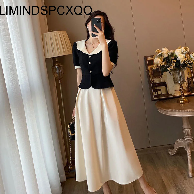

Summer Elegant Women Skirt Sets Retro Office Lady Outifits Puff Sleeve Black Top A Line Skirts Korean Fashion Sweet Hepburn Suit