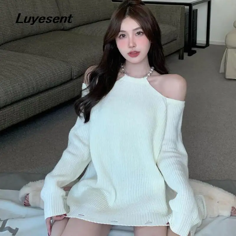 

Women Sweet Solid White Pullover Sweater 2023 Autumn Lady Pearl Halter Off Shoulder Long Sleeve Sweaters Korean Fashion Clothes