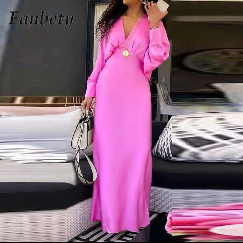 

Elegant Solid Color Long-Sleeve Party Dress Women V-Neck Temperament Slim-Fit Long Dress Casual Autumn Commuter Versatile Dress