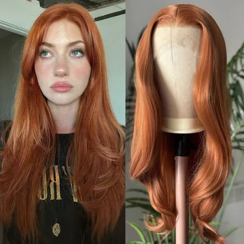 Long Wavy Layered Auburn Synthetic Hair Copper Red 13X4 Lace Front Wigs for Women Ginger Orange Body Wave Daily Party Cosplay 1
