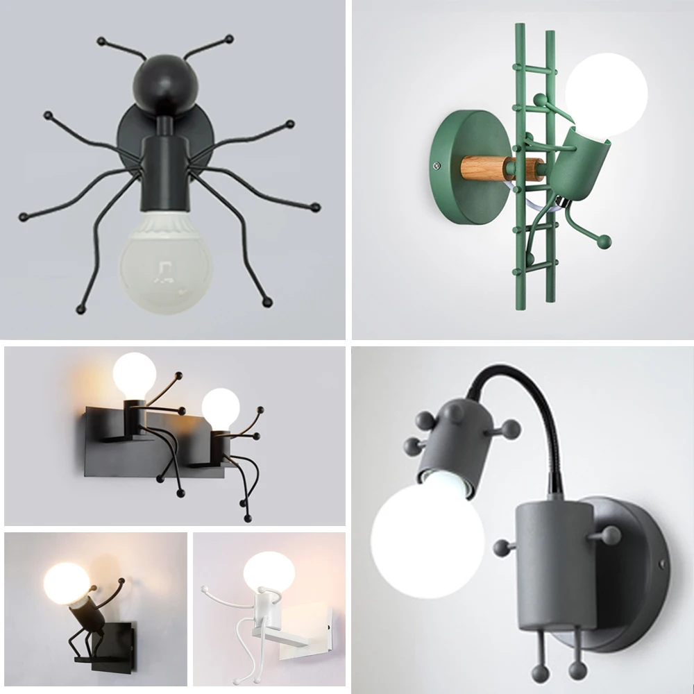 Modern LED Wall Lamp Nordic Cartoon Doll Wall Lights American Creative Metal Robot Sconce for Kids Baby Room Living Bedroom led wall lamp wall sconces light wall lamp