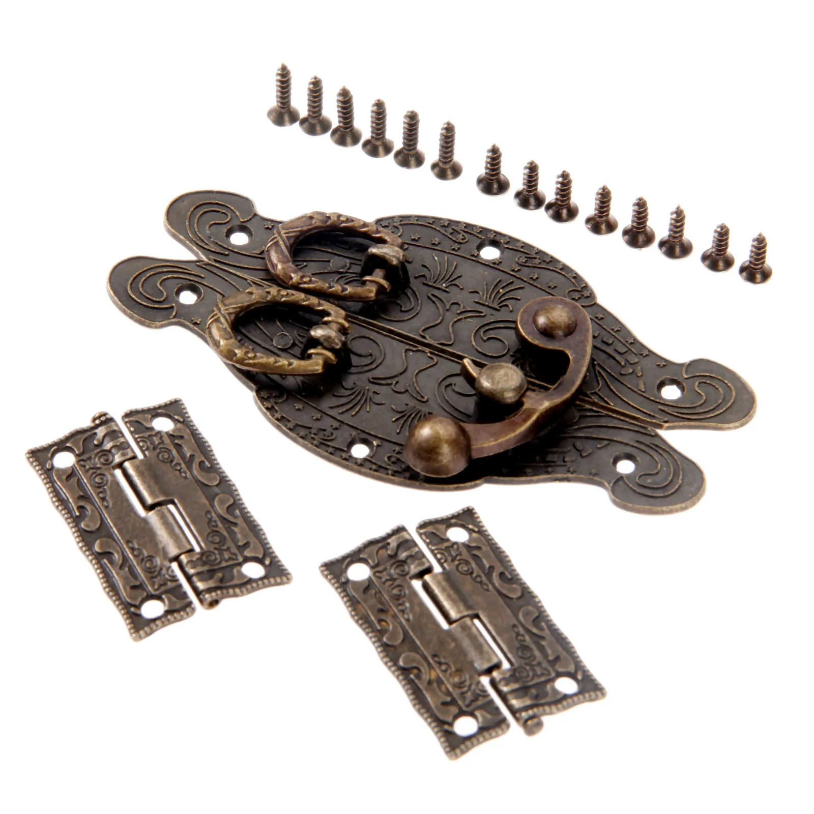 3Pcs/set Furniture Fittings Antique Bronze Cabinet Hinges w/Jewelry Wooden Box Case Toggle Hasp Latch Furniture Vintage Hardware