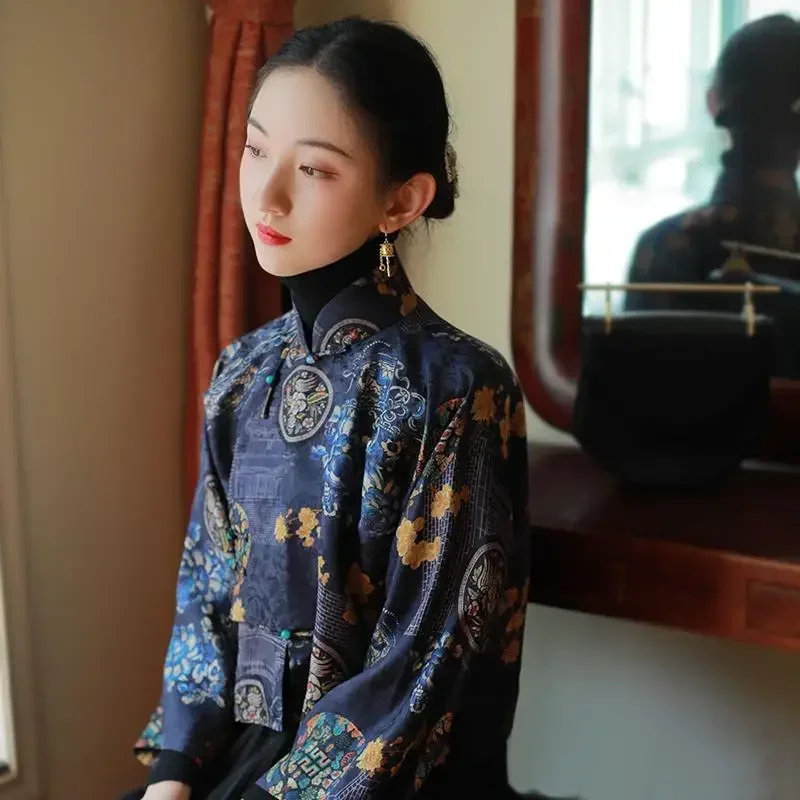 Chinese Traditional Cheongsam Tops Women Blue Thin Printed Stand Up Collar Long Sleeved Modified Hanfu Tops