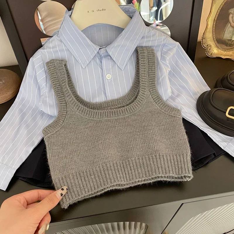 Girls Knit Vest Striped Blouse Skirt Set Kids Outwear