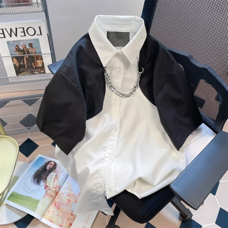 

EBAIHUI Women Patchwork Shirt with Chain Contrast Color Short Sleeved Couple Blouse Trendy High Street Fake Two-piece Top Shirts
