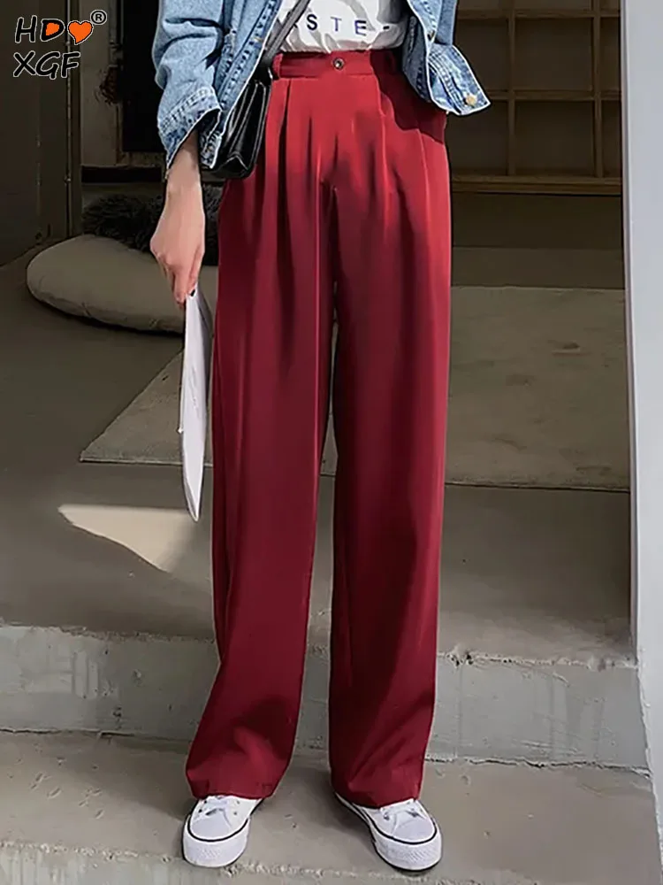 

Vintage Solid Color Pocket Suit Wide Leg Pants For Women Spring Autumn Button Elastic High Waist Trousers Simple All-match Pants