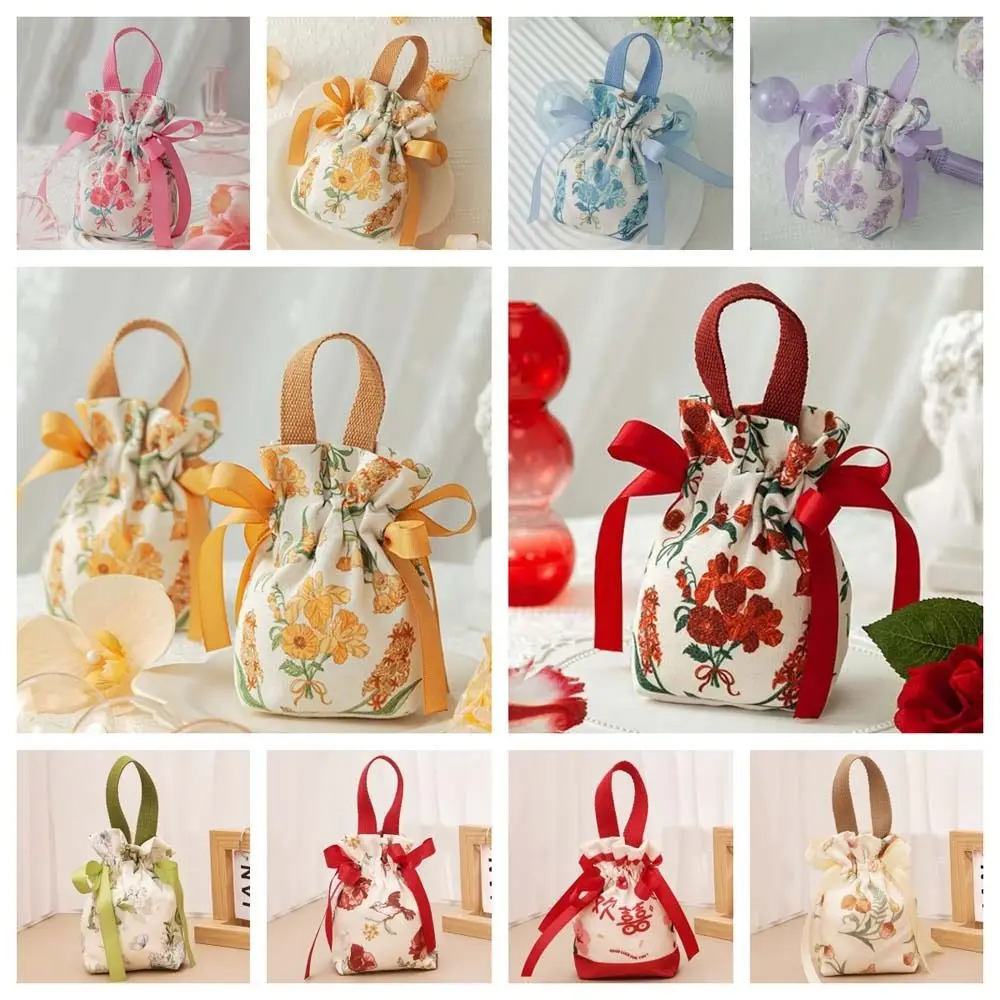 

Floral Canvas Drawstring Bag Korean Style Large Capacity Small Flower Wrist Bag Storage Bag Jewerly Packing Bag Bowknot Handbag