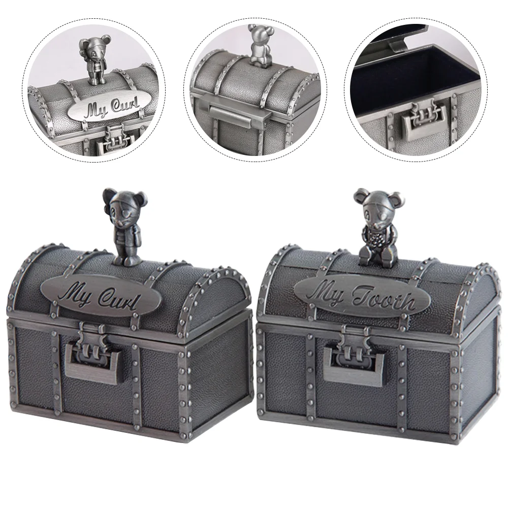 

2 Pcs Baby Teeth Storage Case Souvenir Box Holder Boxes Alloy Fetal Hair Container Tooth