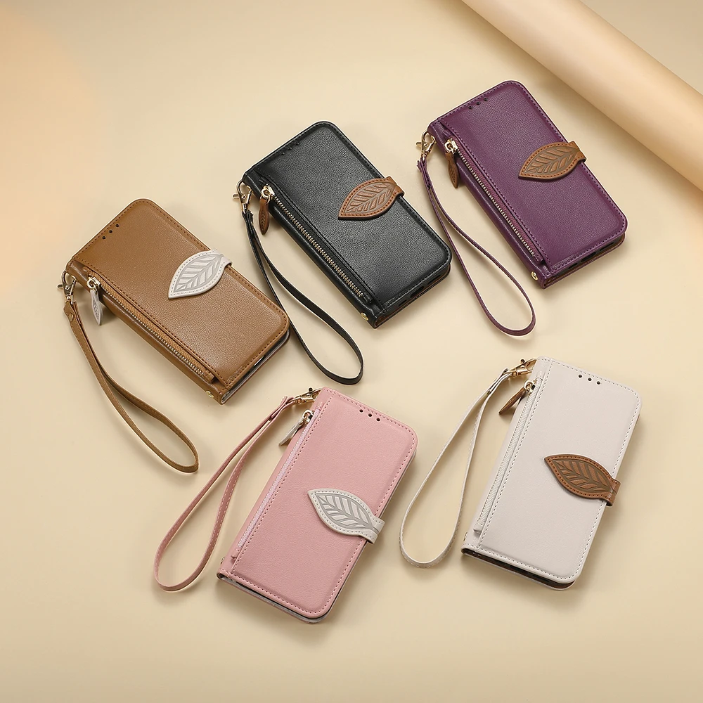 Leaf Buckle Leather Crossbody Lanyard Wallet Phone Case