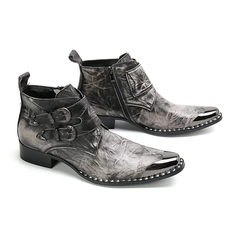 

Fashion Grey Square Toe Men Short Boot Party Prom Formal Shoes Handmade Male Plus Size Cow Leather Motorcycle Boots Cowboy Boots