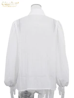 Clacive Fashion White Cotton Woman Blouse 2024 Elegant Stand Collar Puff Sleeve Shirts Casaul Classic Blusa Tops Female Clothing - Image 4