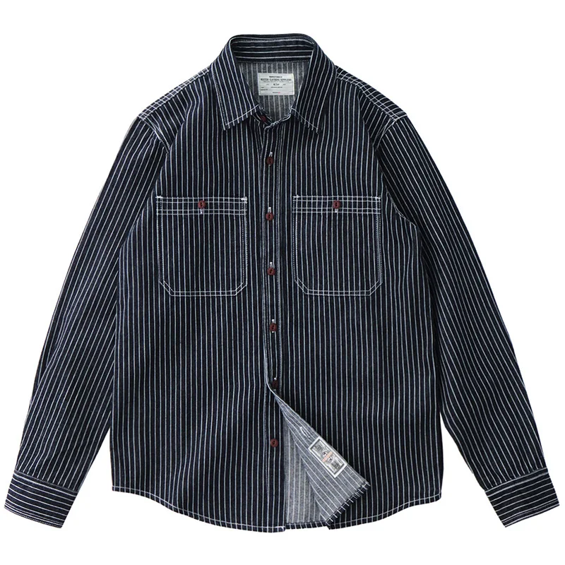 Autumn American Retro Heavyweight Denim Cargo Embroidery Striped Shirt Men's Fashion Pure Cotton Washed Casual Blouses Jacket