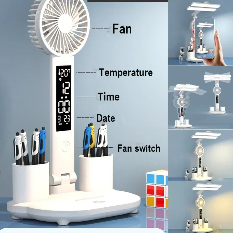 LED Clock Table Lamp USB Chargeable Dimmable Desk Lamps 2 Heads 180 Rotate Foldable Eye Protection Desktop Reading Night Lights 3