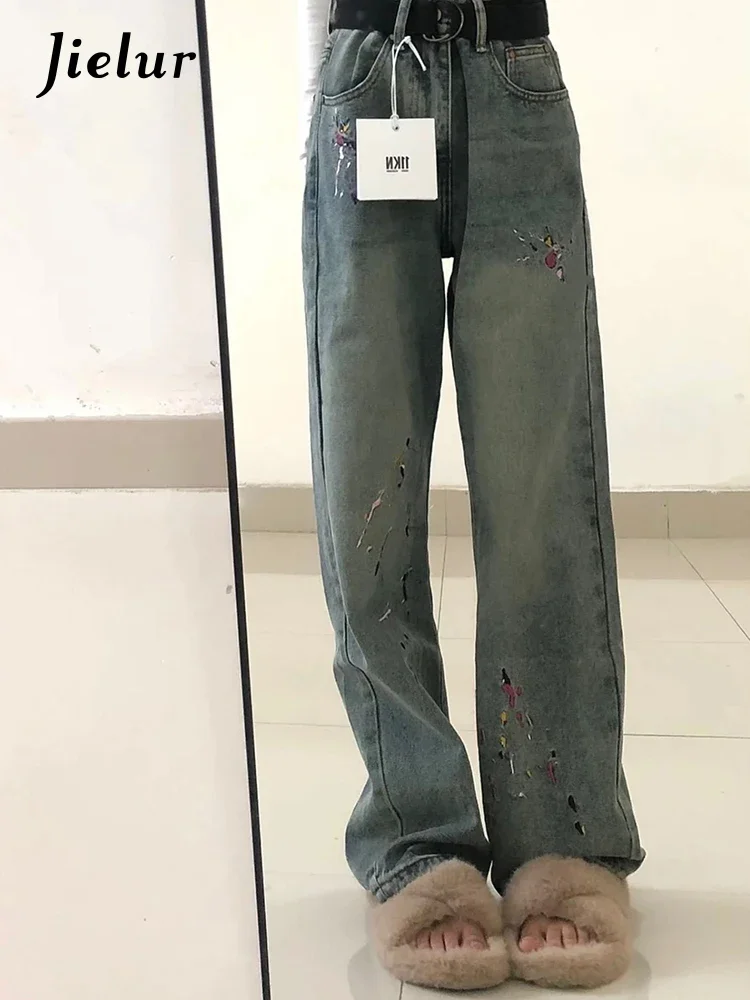 Pantalones De Mezclilla Rectos Con Cintura Elástica Para Niñas, Con Diseño De Corazón, Estilo Casual, Estilo Hip Hop, Lavado, Azul