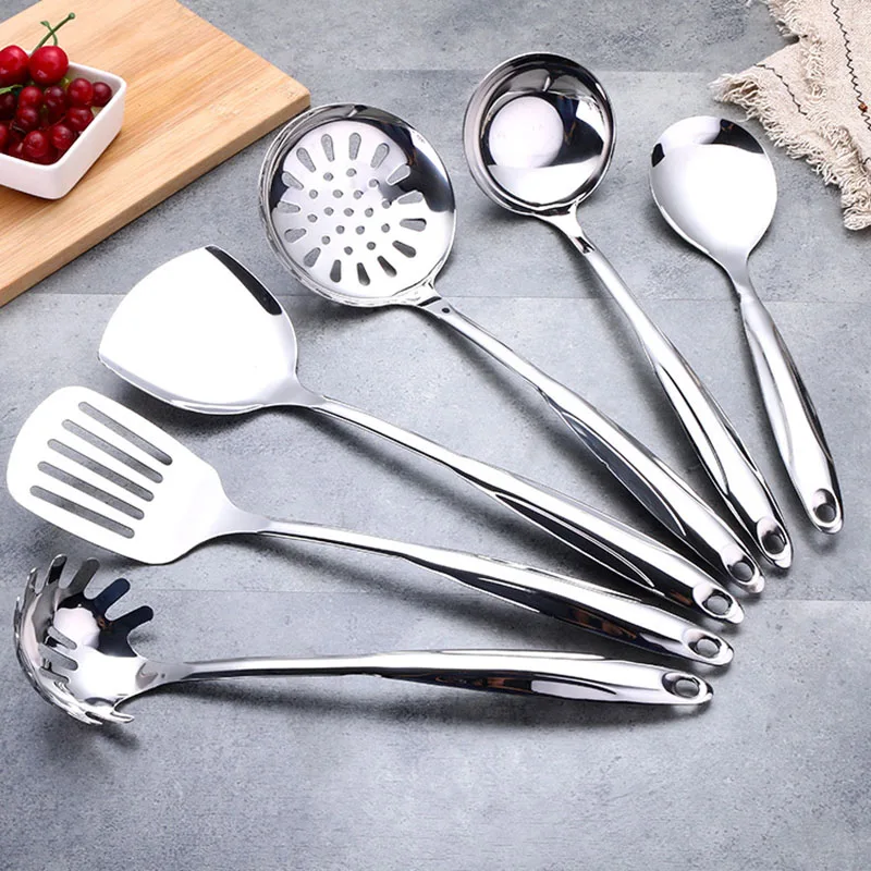 Kitchen utensils 1/6Pcs Stainless Steel Cooking Tools with Heat-resistant Handle-Turner Soup Spoon Strainer Pasta Server