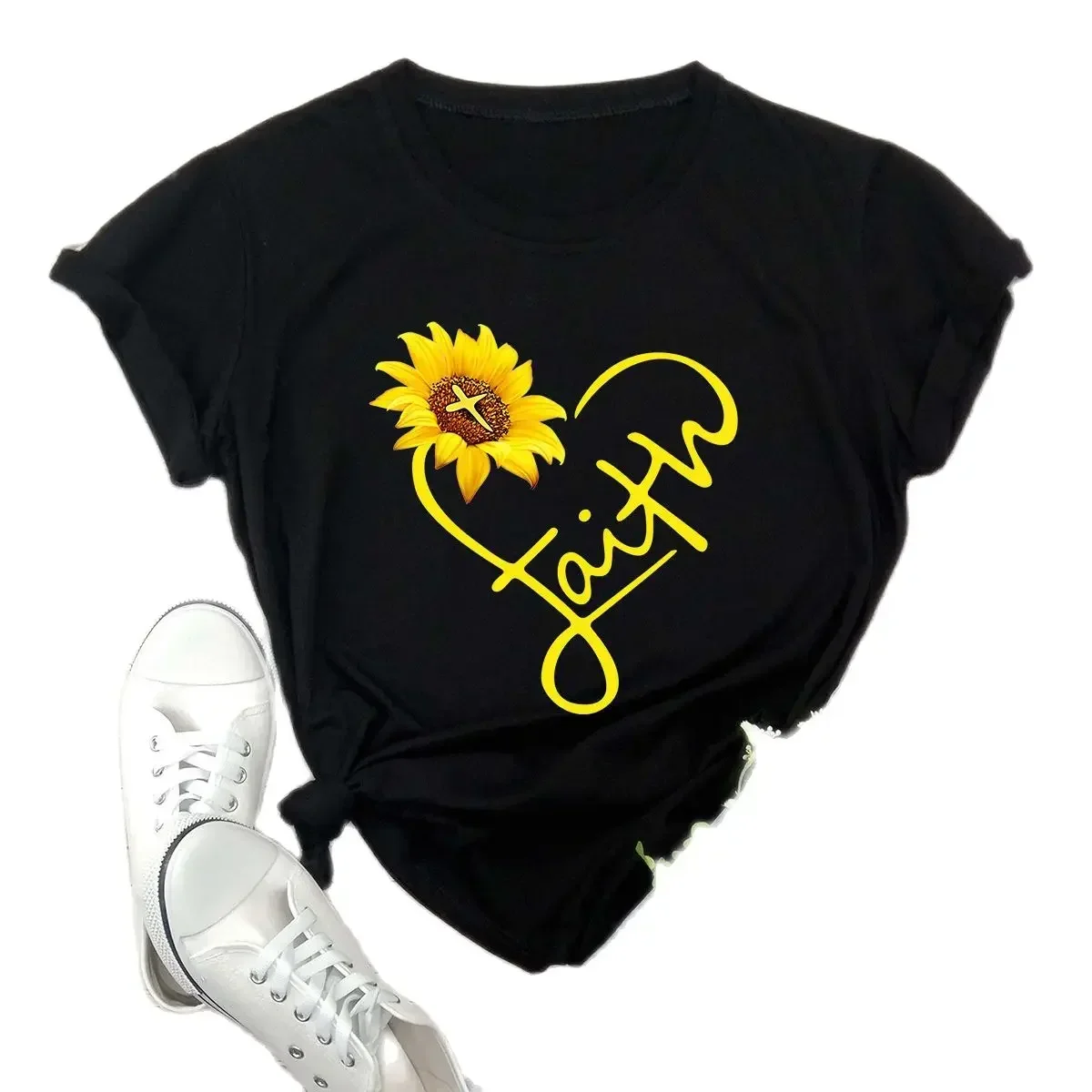 

COTTON 100% Women's T-shirt Blast Creative Cartoon Sunflower Letter Love Print Crewneck Short Sleeve Tshirt Oversized T Shirt
