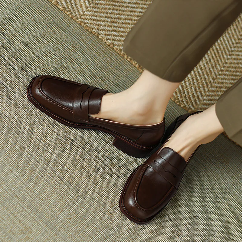 

3cm Leather Shoes Women Low Heels Pumps Autumn Square Toe Oxford Shoes Retro Heeled Loafers