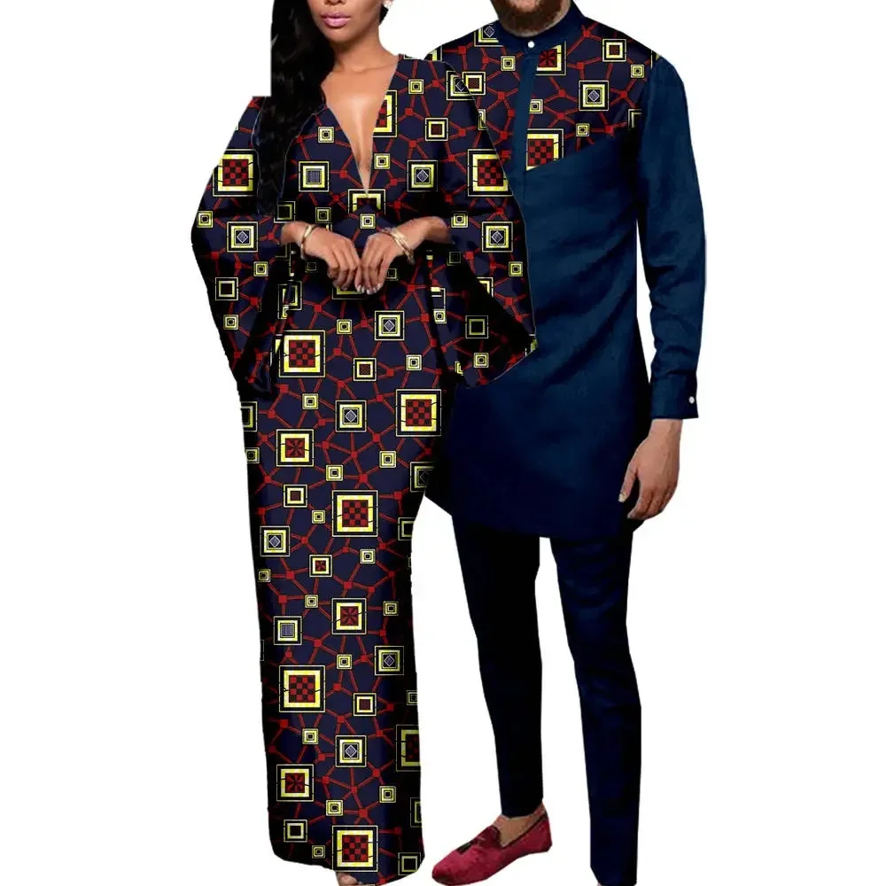 

Couple Clothes African Print Deep V neck Long Dresses for Women Matching Men Outfits Dashiki Top Shirt and Pant Sets Bazin Riche