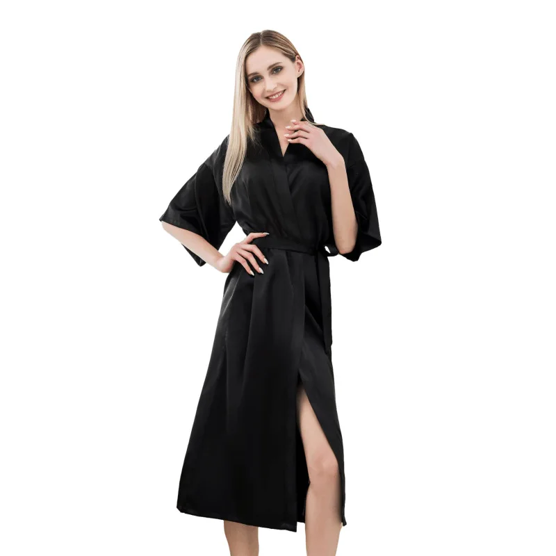 Hot Plus Long Bathrobe Faux Silk Bathrobe Bathrobe Solid Color Micro Stretch Robe Ladies Thin Sexy Comfortable Home Bathrobe