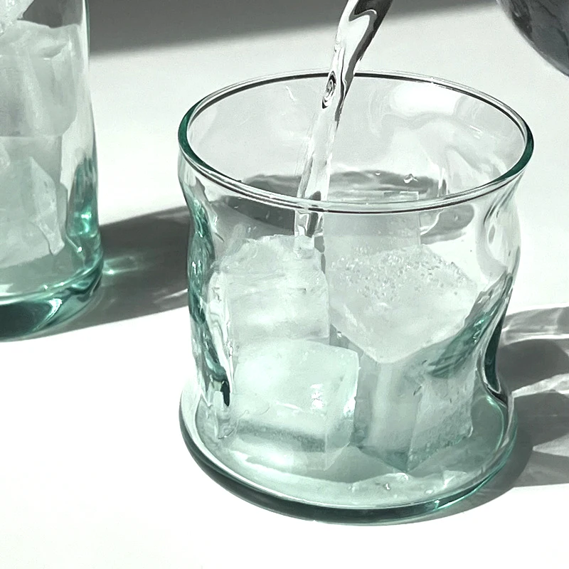 2PCS Green Wavy Glass Beverage Drinking Tumblers Colored Glass Home Coffee Juice Water Cup ,Clear/Turquoise Gradient,12-14oz